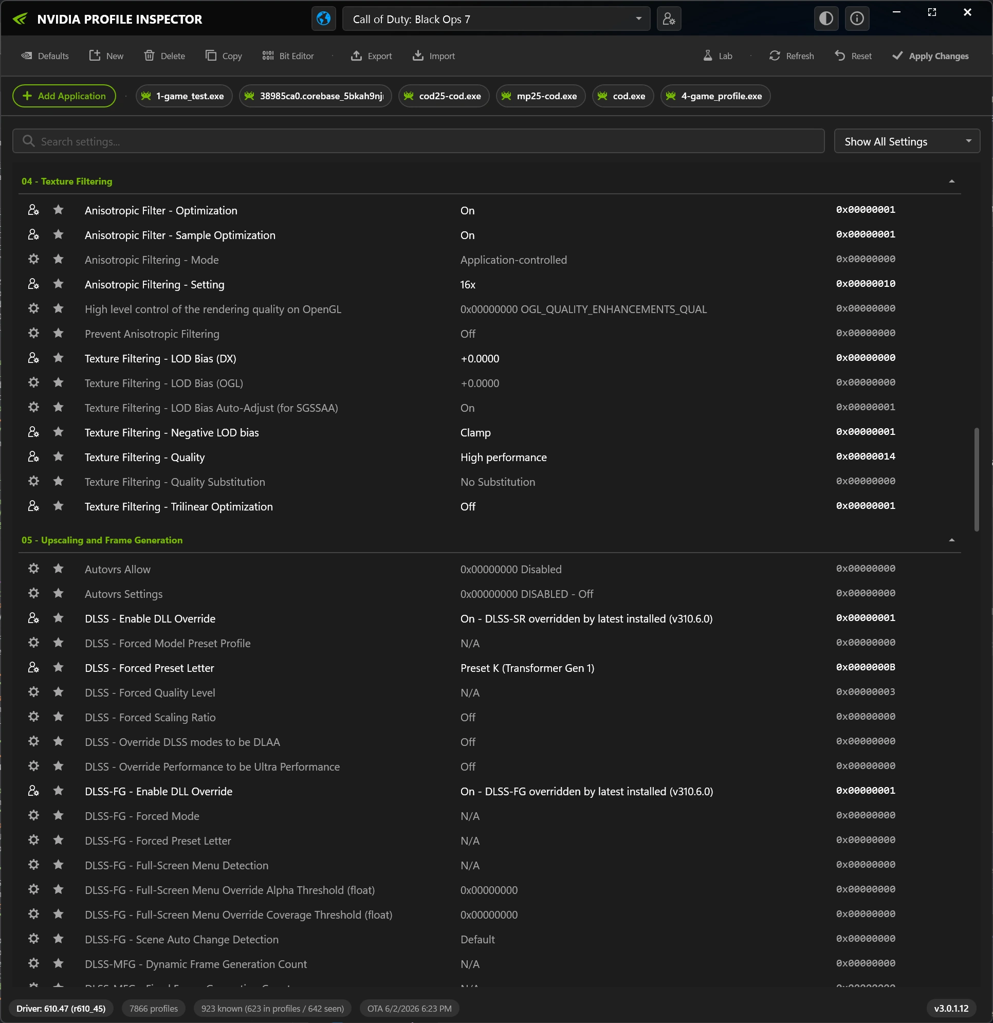 Profile Inspector Warzone — profilo cod.exe aperto in NVPI