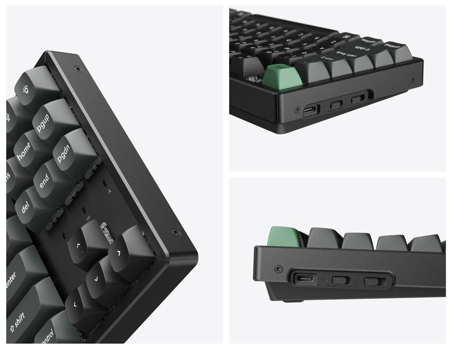 Dettagli del telaio in alluminio CNC della Keychron K8 Ultra 8K: spigolo laterale, porta USB-C e i due selettori per modalità wireless e sistema operativo